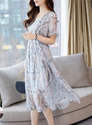 Sweet Slim Chiffon Short Flounce Sleeve V Neck Dress With Pattern