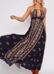 Sexy Floral Printed Halter Sleeveless Backless High Waist Maxi Dress