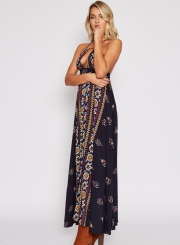 Sexy Floral Printed Halter Sleeveless Backless High Waist Maxi Dress