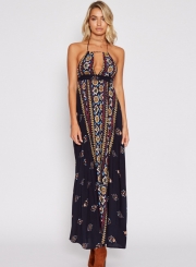 Sexy Floral Printed Halter Sleeveless Backless High Waist Maxi Dress