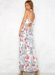 Fashion Floral Printed Halter Sleeveless Backless Lace-up Slit Women Dress