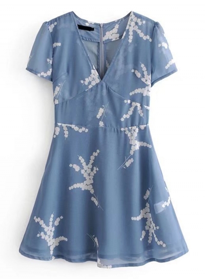 Fashion Floral Printed Short Sleeve V Neck Mini Dress With Zip STYLESIMO.com