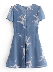 Fashion Floral Printed Short Sleeve V Neck Mini Dress With Zip