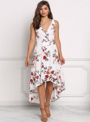 Irregular Chiffon Floral Printed Tie Waist V Neck Midi Dress