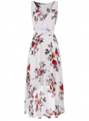 Irregular Chiffon Floral Printed Tie Waist V Neck Midi Dress