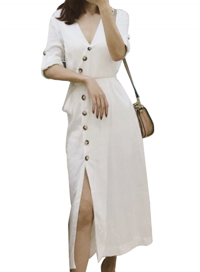 Fashion Half Sleeve Tie Waist V Neck Dress With Buttons YOUYOUFASHIONEC.com