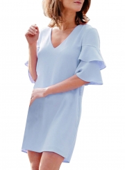 Fashion Casual Solid Half Flounce Sleeve V Neck Dress