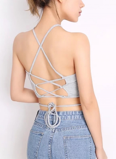 Fashion Grey Cross Spaghetti Strap Hollowed Out Lace-up Tank Top