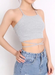 Fashion Grey Cross Spaghetti Strap Hollowed Out Lace-up Tank Top