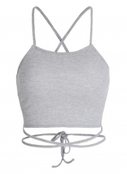 Fashion Grey Cross Spaghetti Strap Hollowed Out Lace-up Tank Top