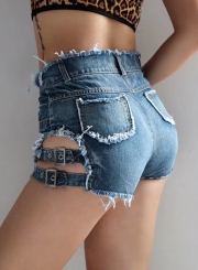 Fashion Sexy Summer Hollowed Out Ripped Wide Denim Shorts