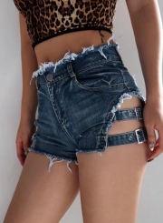 Fashion Sexy Summer Hollowed Out Ripped Wide Denim Shorts