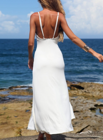 Fashion Sexy Beach White Spaghetti Strap Slit V Neck Midi Dress stylesimo.com