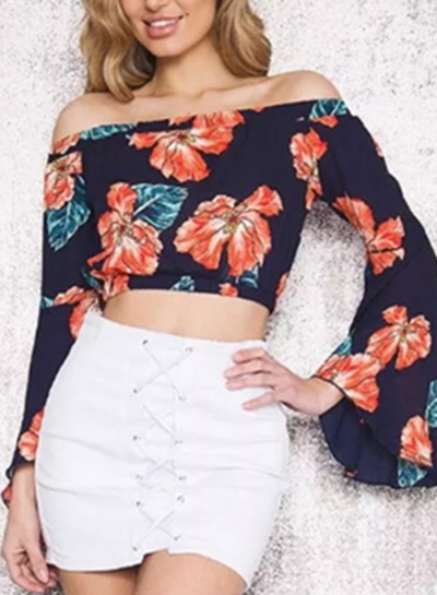 Fashion Vintage Floral Printed long Sleeve Slash neck Cropped Blouse