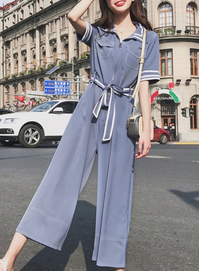Casual Tie Waist Turn-Down Collar Wide Leg Jumpsuits With Zip