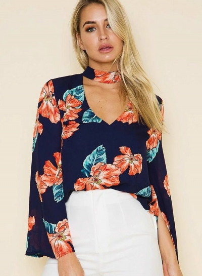 Fashion Floral Printed Long Sleeve Halter V Neck Women Blouse With Zip YOUYOUFASHIONEC.com