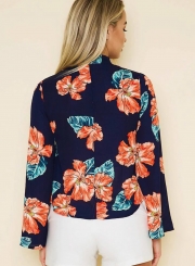 Fashion Floral Printed Long Sleeve Halter V Neck Women Blouse With Zip