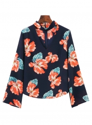 Fashion Floral Printed Long Sleeve Halter V Neck Women Blouse With Zip