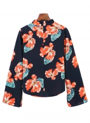 Fashion Floral Printed Long Sleeve Halter V Neck Women Blouse With Zip