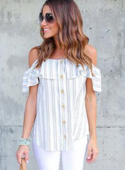 Casual Irregular Striped Off The Shoulder Blouse With Buttons YOUYOUFASHIONEC.com