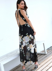 Fashion Floral Printed Sleeveless Round Neck Slit Maxi Dress