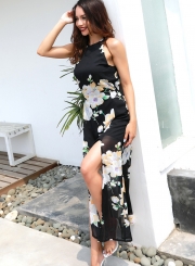 Fashion Floral Printed Sleeveless Round Neck Slit Maxi Dress