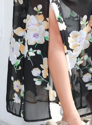 Fashion Floral Printed Sleeveless Round Neck Slit Maxi Dress