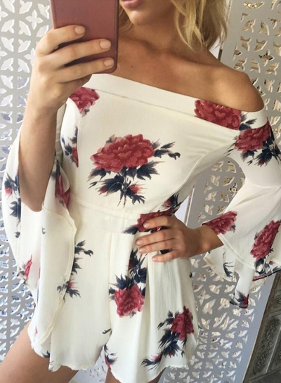 Fashion Sexy Floral Printed Off The Shoulder Flare Sleeve Women Jumpsuits