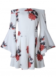 Fashion Sexy Floral Printed Off The Shoulder Flare Sleeve Women Jumpsuits