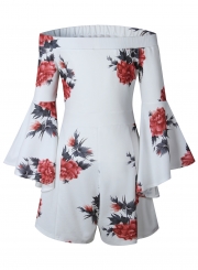 Fashion Sexy Floral Printed Off The Shoulder Flare Sleeve Women Jumpsuits