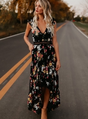 Irregular Floral Printed Sleeveless V Neck Women Swallowtail Maxi Dress