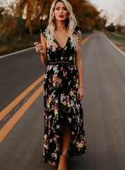 Irregular Floral Printed Sleeveless V Neck Women Swallowtail Maxi Dress