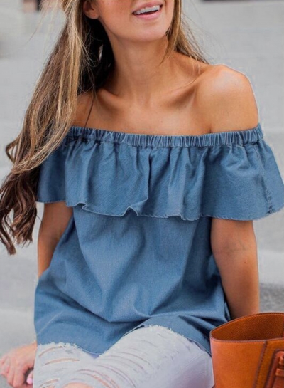 Summer Solid Loose Slash Neck Off The Shoulder Women Denim Blouse YOUYOUFASHIONEC.com