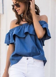 Summer Solid Loose Slash Neck Off The Shoulder Women Denim Blouse