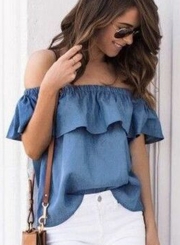 Summer Solid Loose Slash Neck Off The Shoulder Women Denim Blouse