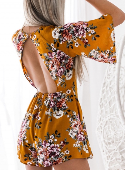 Slim Floral Printed Backless Half Sleeve Round Neck Rompers YOUYOUFASHIONEC.com