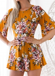 Slim Floral Printed Backless Half Sleeve Round Neck Rompers