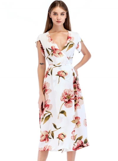 Fashion Slim Floral Printed Tie Waist Short Sleeve V Neck Women Maxi Dress YOUYOUFASHIONEC.com