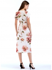 Fashion Slim Floral Printed Tie Waist Short Sleeve V Neck Women Maxi Dress