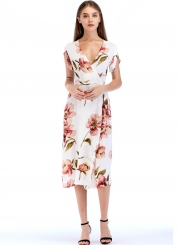 Fashion Slim Floral Printed Tie Waist Short Sleeve V Neck Women Maxi Dress