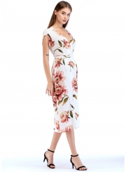 Fashion Slim Floral Printed Tie Waist Short Sleeve V Neck Women Maxi Dress