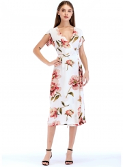 Fashion Slim Floral Printed Tie Waist Short Sleeve V Neck Women Maxi Dress