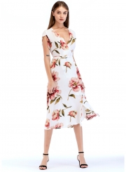 Fashion Slim Floral Printed Tie Waist Short Sleeve V Neck Women Maxi Dress