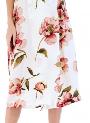 Fashion Slim Floral Printed Tie Waist Short Sleeve V Neck Women Maxi Dress