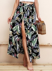 Fashion Floral Printed High Waist High Slit Lace-up Women Long Skirt