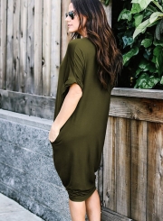 Casual Loose Solid Half Sleeve V Neck Dress With Pockets