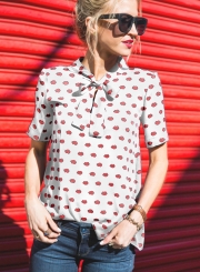 Casual Slim Short Sleeve Bow Collar Women Blouse With Lips Pattern