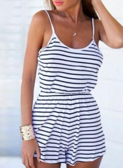 Striped Spaghetti Strap Backless Round Neck Wide Leg Rompers