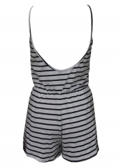 Striped Spaghetti Strap Backless Round Neck Wide Leg Rompers