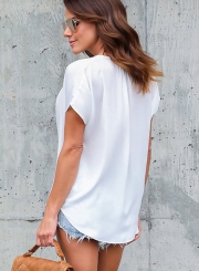 Summer Casual Loose Solid Short Sleeve V Neck Blouse